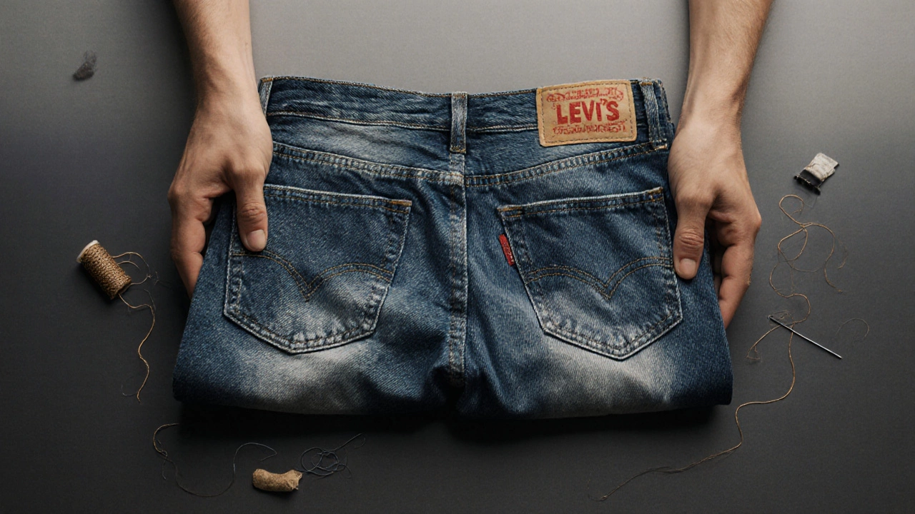 Vintage jeans being carefully folded with needle and thread, symbolizing repair and sustainable denim care.