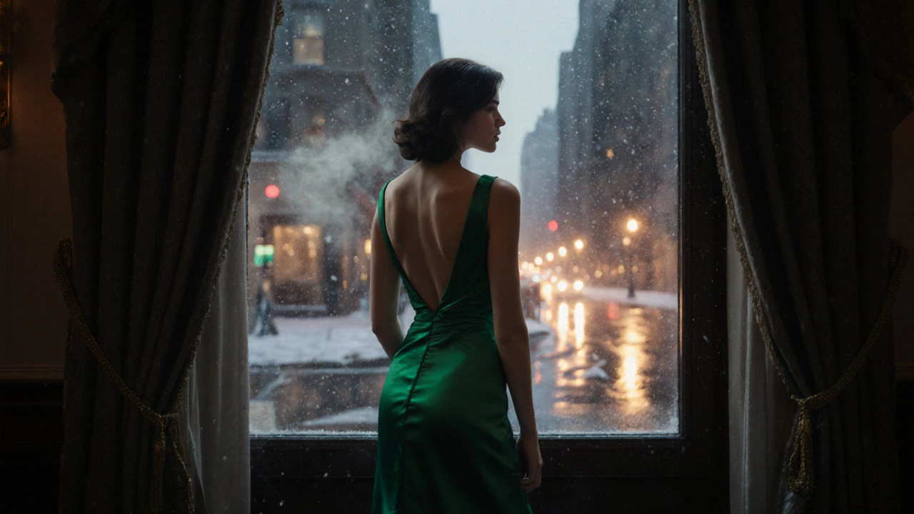 Woman in emerald green dress standing before a winter city window at dusk