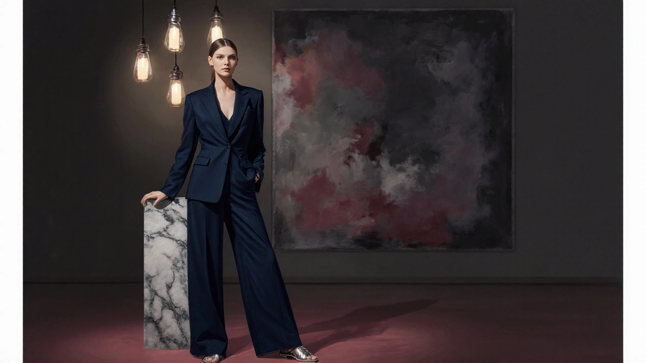 Woman in midnight blue jumpsuit at gallery opening, metallic sandals and soft candlelight highlighting fabric texture.