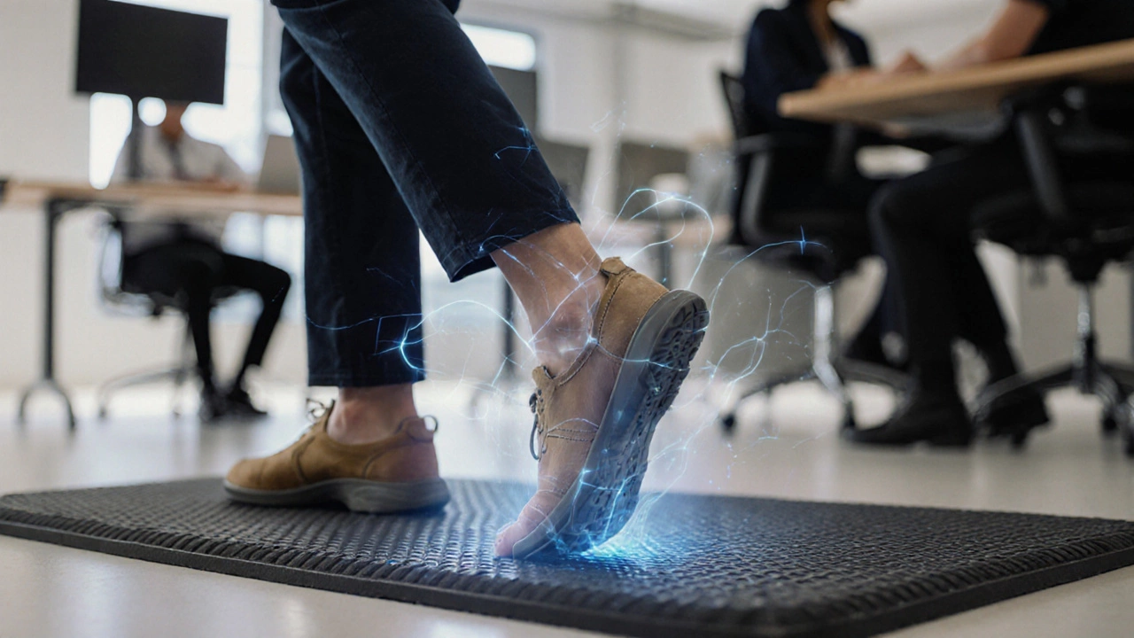 Worker performing a calf raise during shift, weight shifted, with anti-fatigue mat and blurred background.