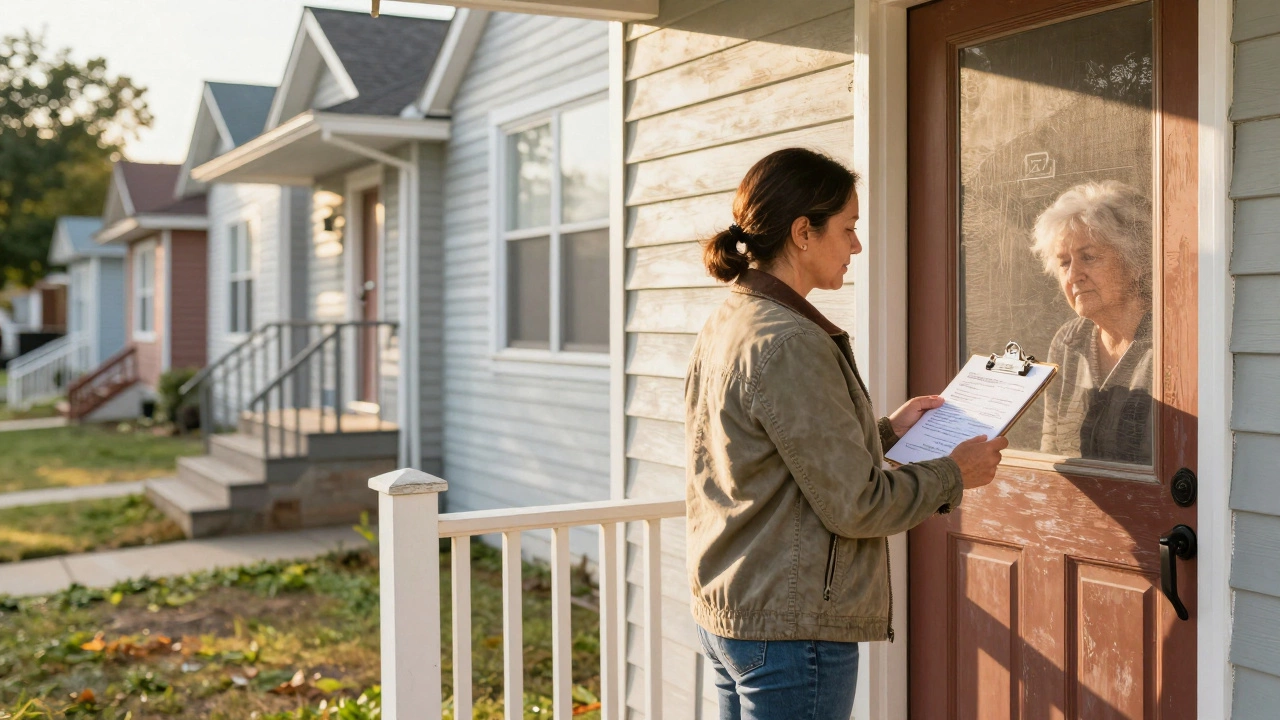 A canvasser knocks on a suburban door, sunlight highlighting the worn steps of a neighborhood.