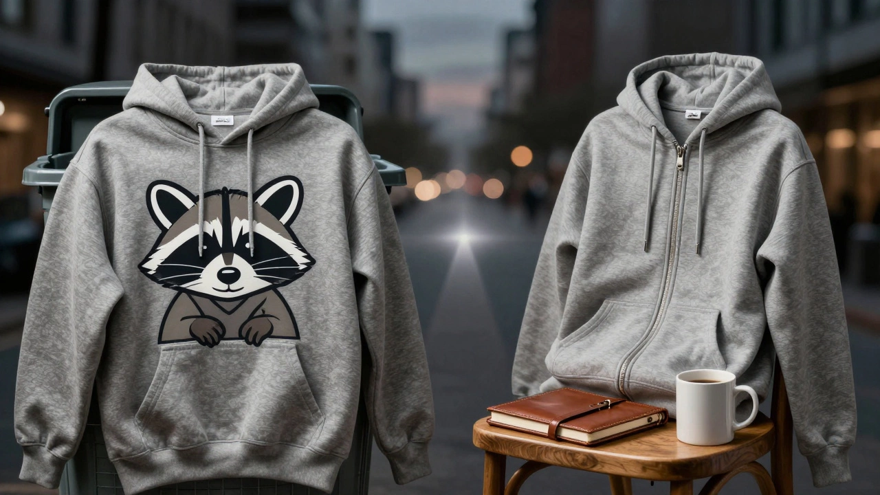 A faded 2018 hoodie in a donation bin contrasted with a sleek modern hoodie on a chair, symbolizing fashion evolution.