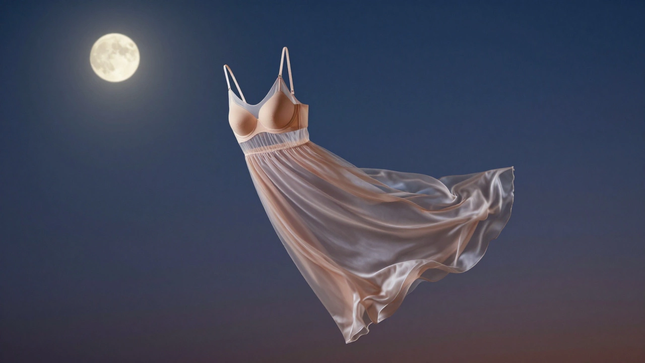 A flowing evening gown suspended mid-air, supported by invisible foundation garments for effortless movement.