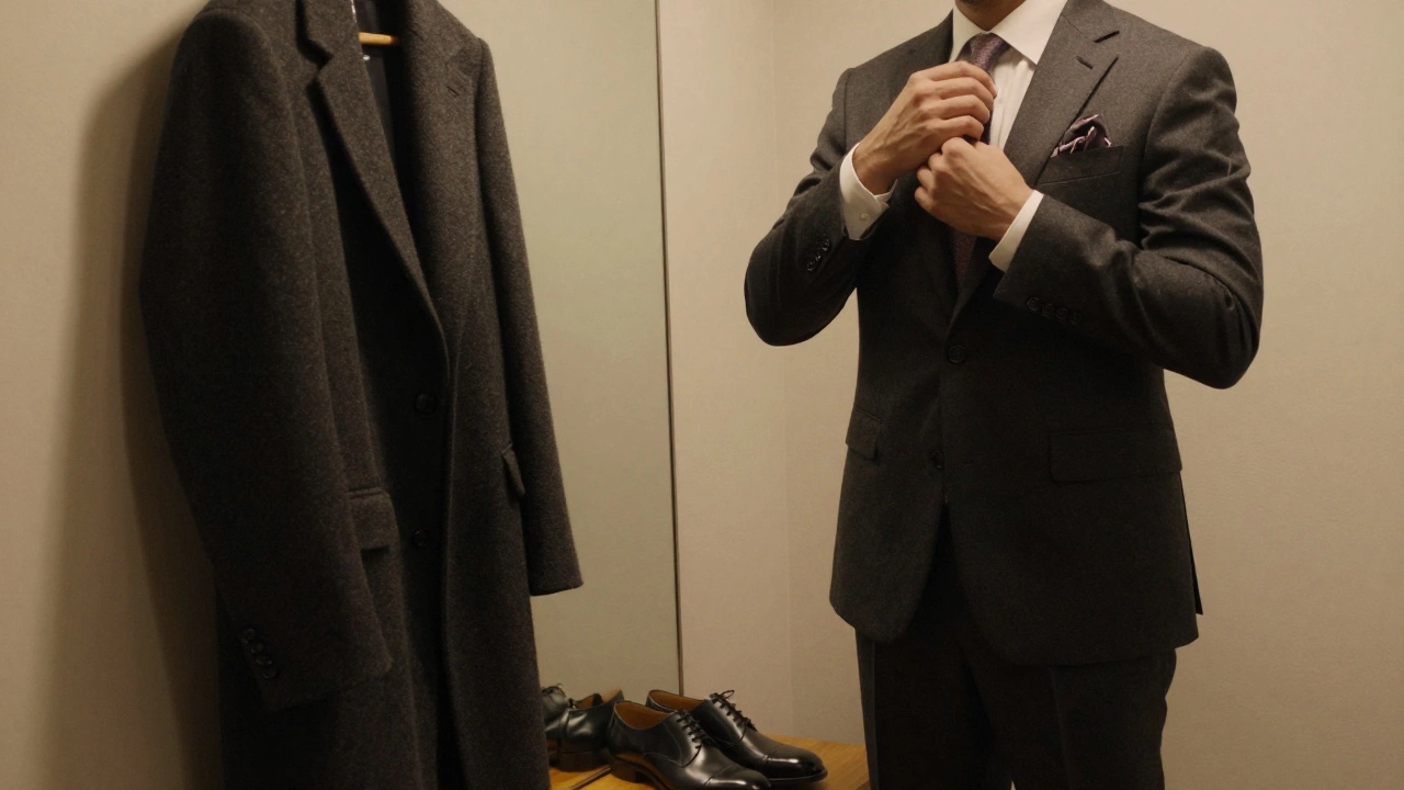 A man in a charcoal suit adjusting his tie in front of a mirror, with polished shoes and a wool coat nearby.