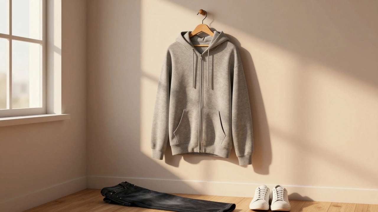 A modern zip-up hoodie with flatlock seams and thumbholes hanging neatly on a wooden hook in soft evening light.
