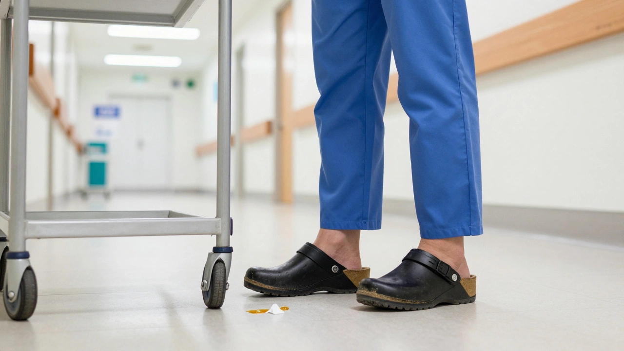 A nurse in a UK hospital wearing non-slip professional clogs on a clean corridor floor.