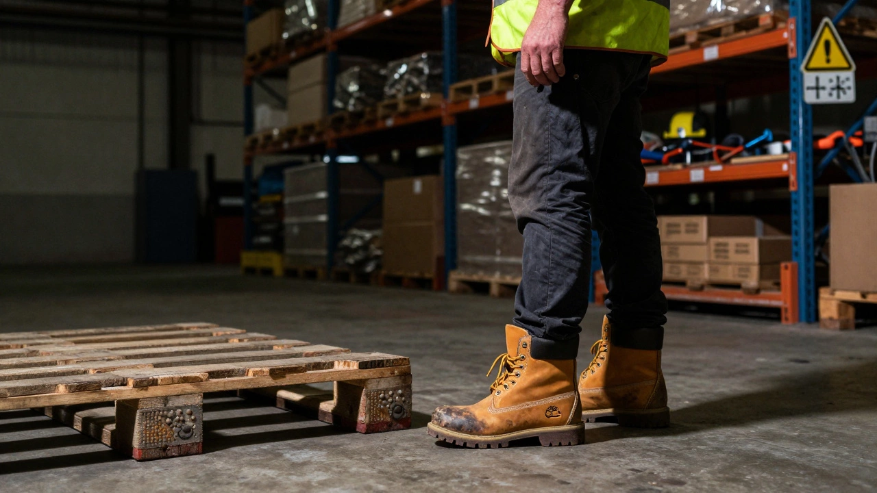 A warehouse worker in the UK wearing steel-toe safety boots among industrial equipment and shelving.