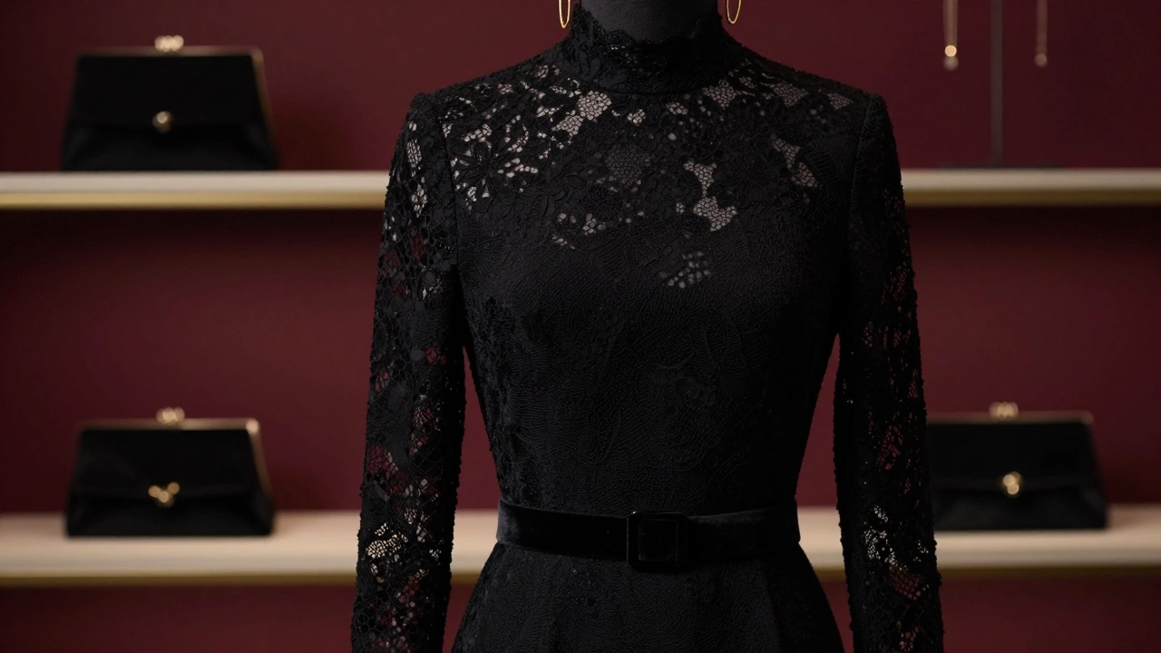 Black crepe evening dress with high neckline and velvet belt, displayed on mannequin with gold hoops.