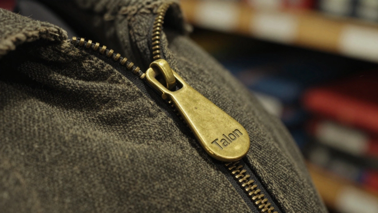 Brass metal zipper with teardrop pull tab stamped 'Talon' on a jacket sleeve.