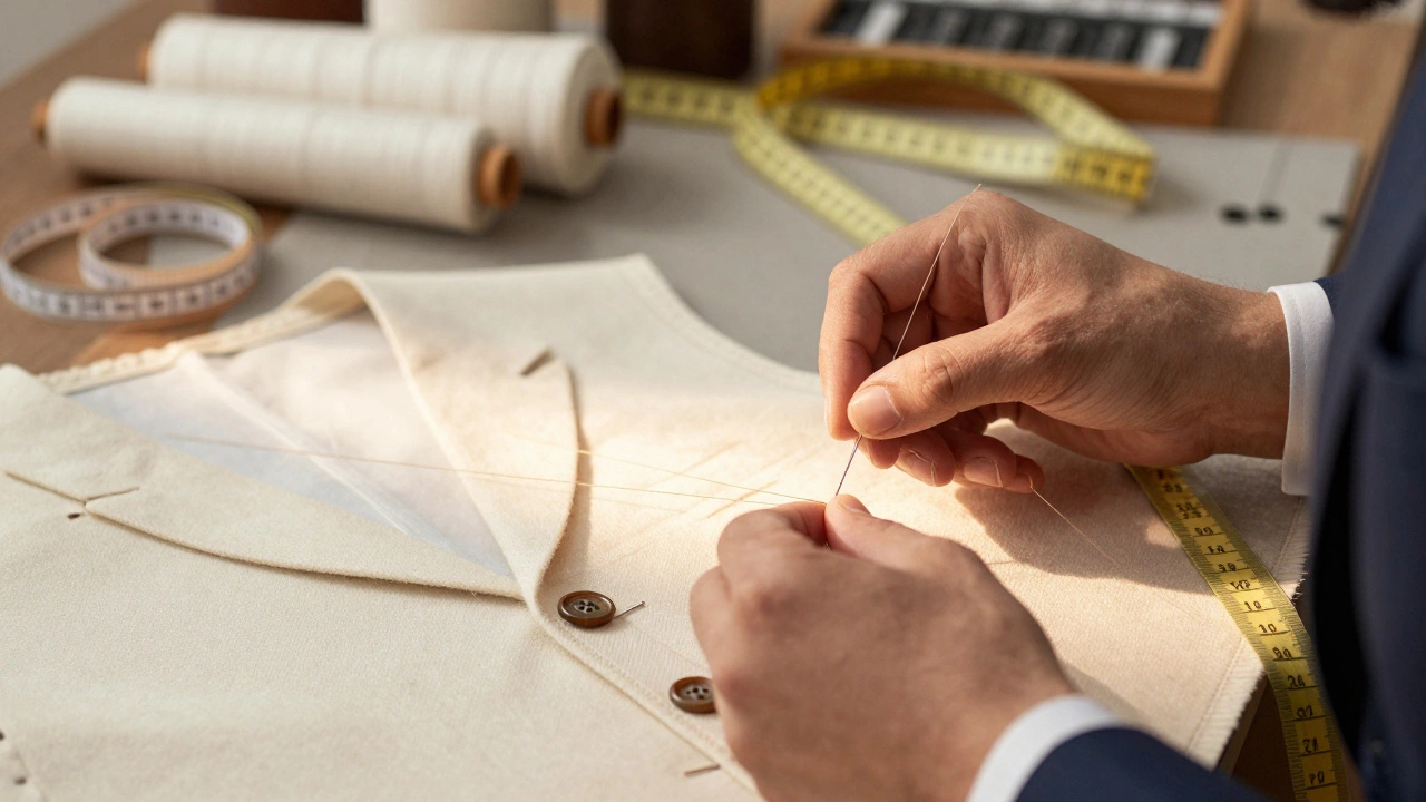 Close-up of a tailor&#039;s hands sewing a canvas chest piece inside a suit with fine thread and wool fabric.