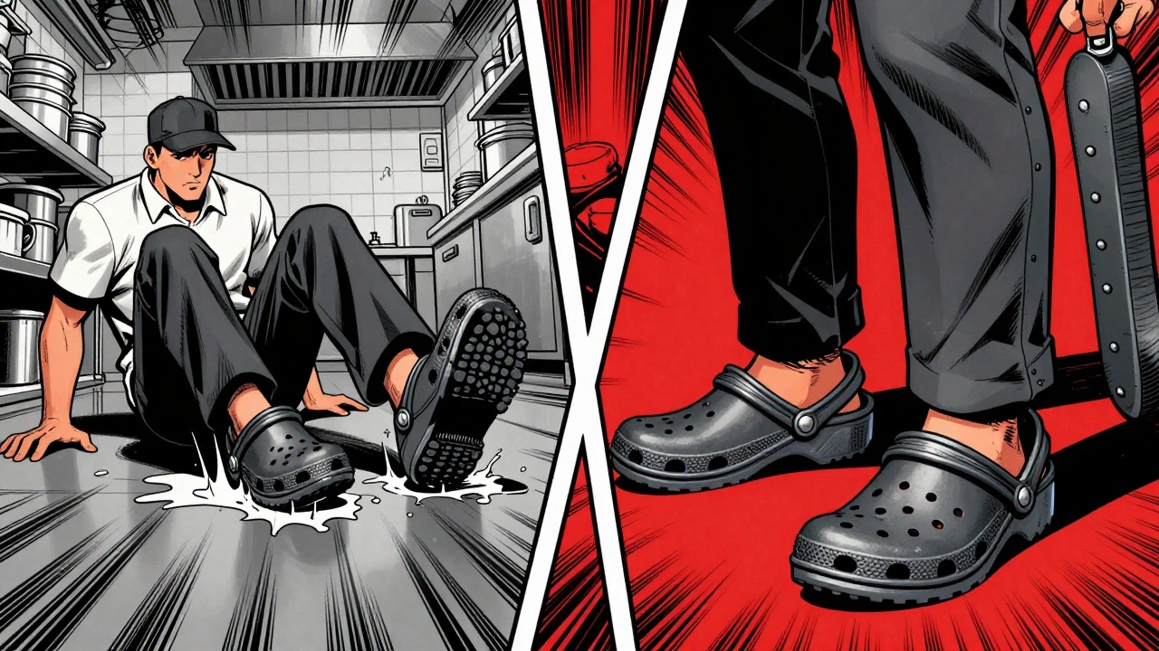 Comic-style split scene: worker slipping in Crocs vs. standing safely in certified safety clogs in a kitchen.