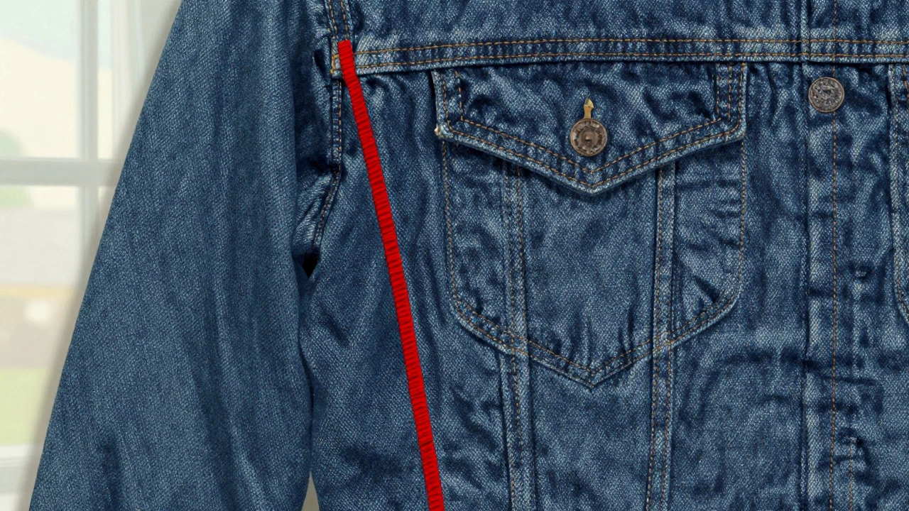 Denim jacket's selvage edge with red thread and hand-stitched buttonholes.