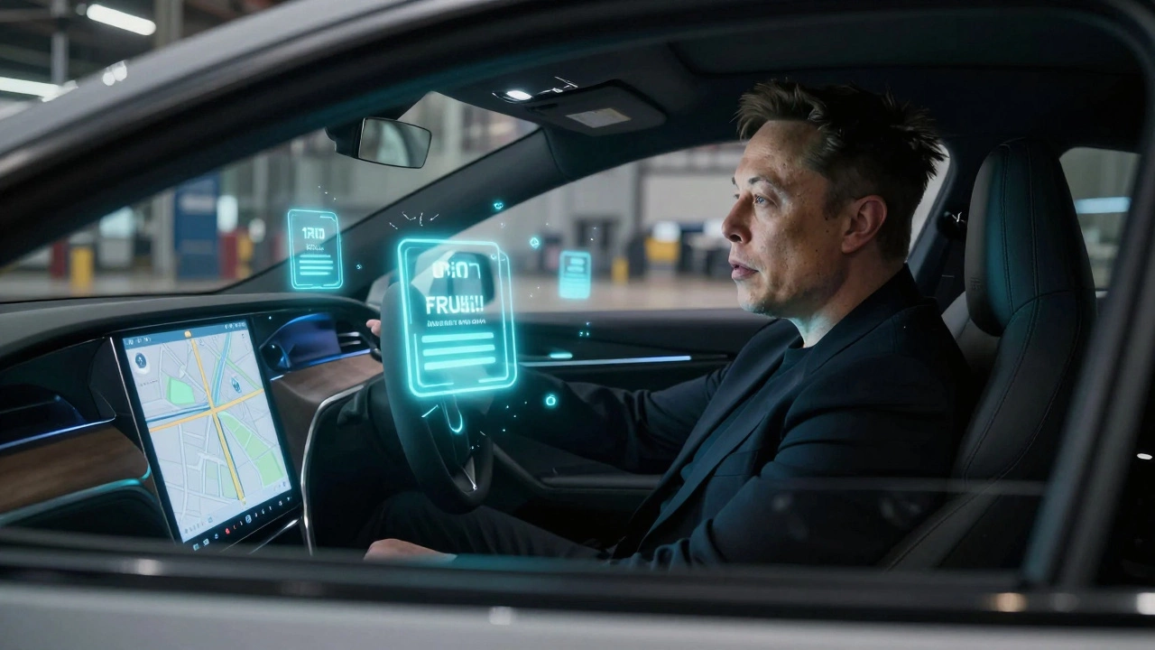 Elon Musk in a 2013 Tesla Model S with digital software updates floating around the dashboard.