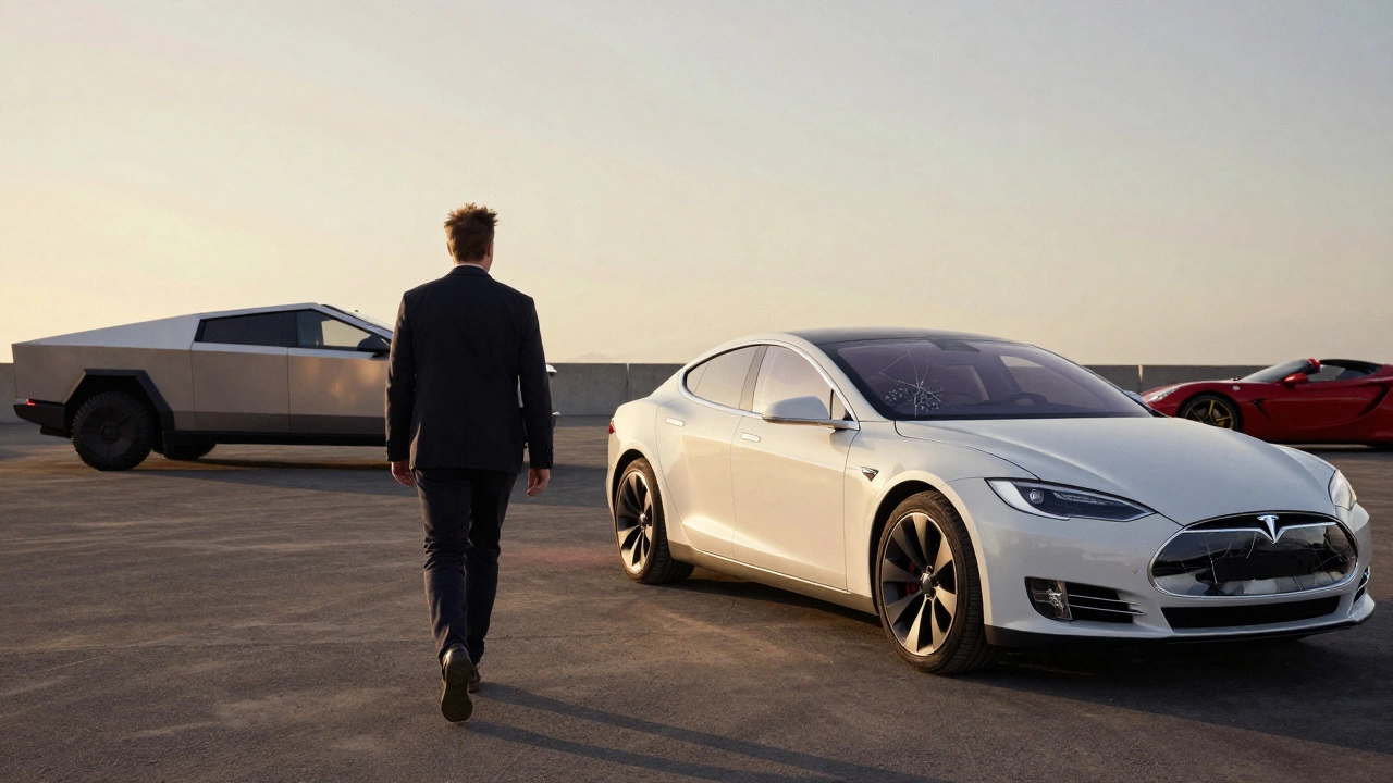 Elon Musk walking from his old Tesla Model S toward a new Robotaxi prototype at sunset.