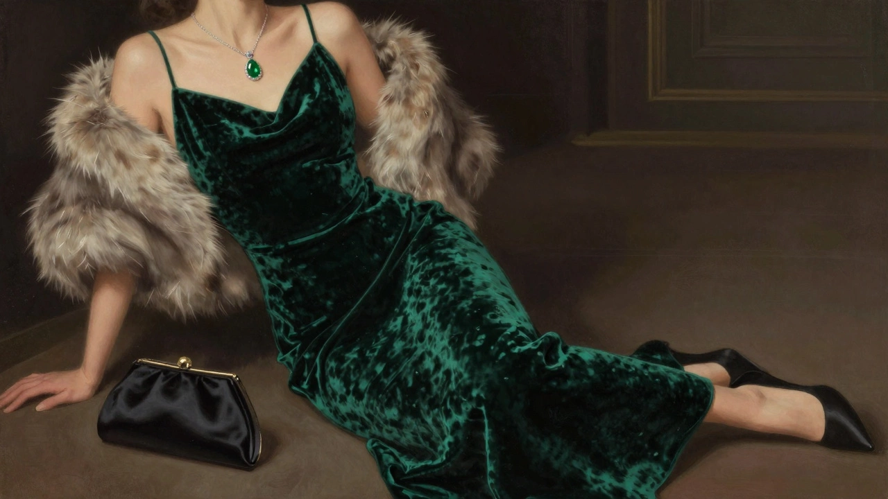 Emerald velvet evening dress with fur wrap, pendant necklace, and clutch in rich, textured lighting.