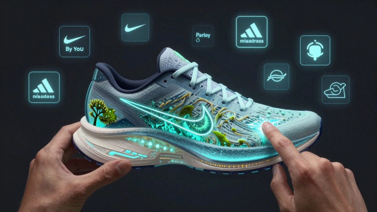 Futuristic running shoe with bio-materials glowing inside, customized via hologram interface, representing eco-innovation.