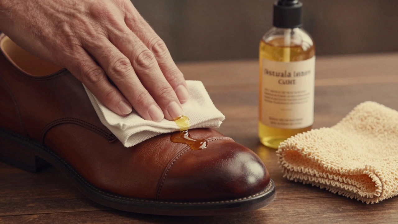 Hand applying leather conditioner to a shoe with a soft cloth, oils soaking into the grain.