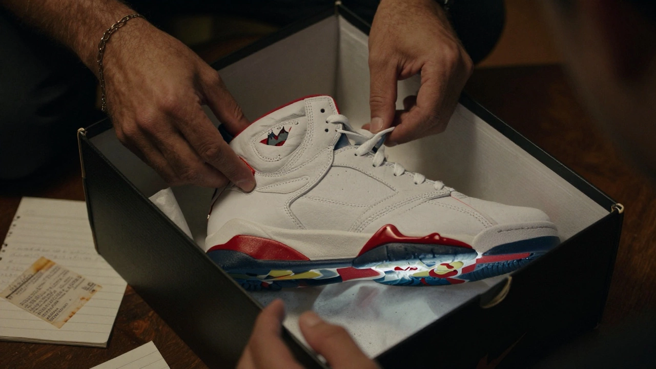 Hands unboxing a rare Air Jordan 7 Retro sneaker with soft lighting highlighting the limited-edition packaging.