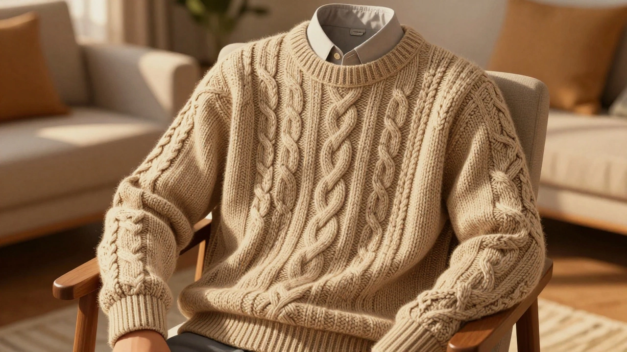 Knitted wool sweater with cable patterns over a collared shirt on a chair