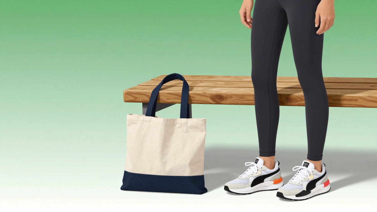 Minimalist streetwear scene with Puma sneakers and Lululemon leggings on a bench, symbolizing sustainable fashion.
