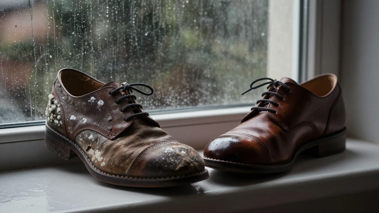 Side-by-side comparison of a damaged wet leather shoe and a well-cared-for one on a windowsill.