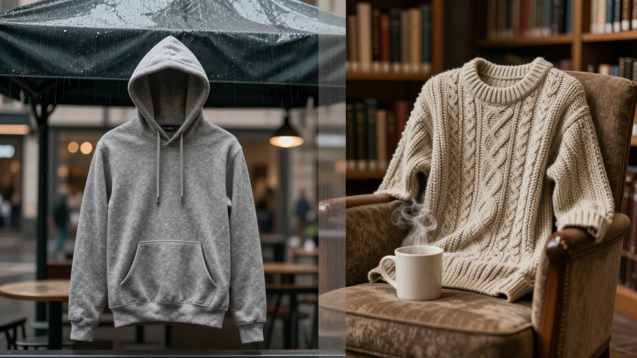 Split image: hoodie in rain vs. sweater in library, symbolizing comfort vs. style