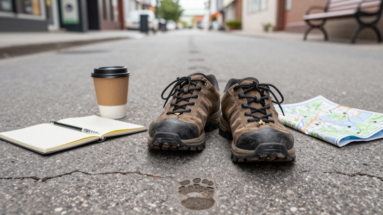 Worn walking shoes on pavement with map and coffee cup, footprints leading into the distance.