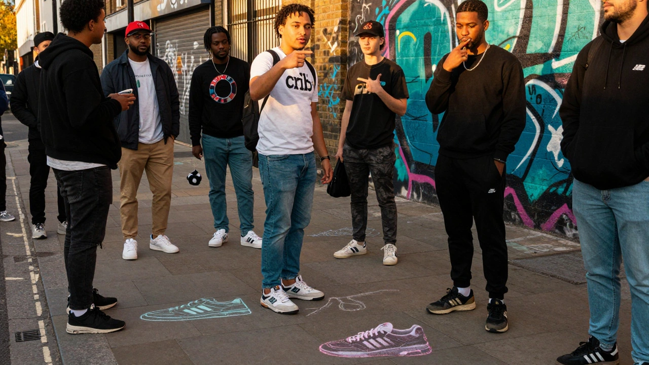 Youth in London proudly showing off their sneakers on a street with graffiti, wearing styles like New Balance 550s and Adidas Superstars.