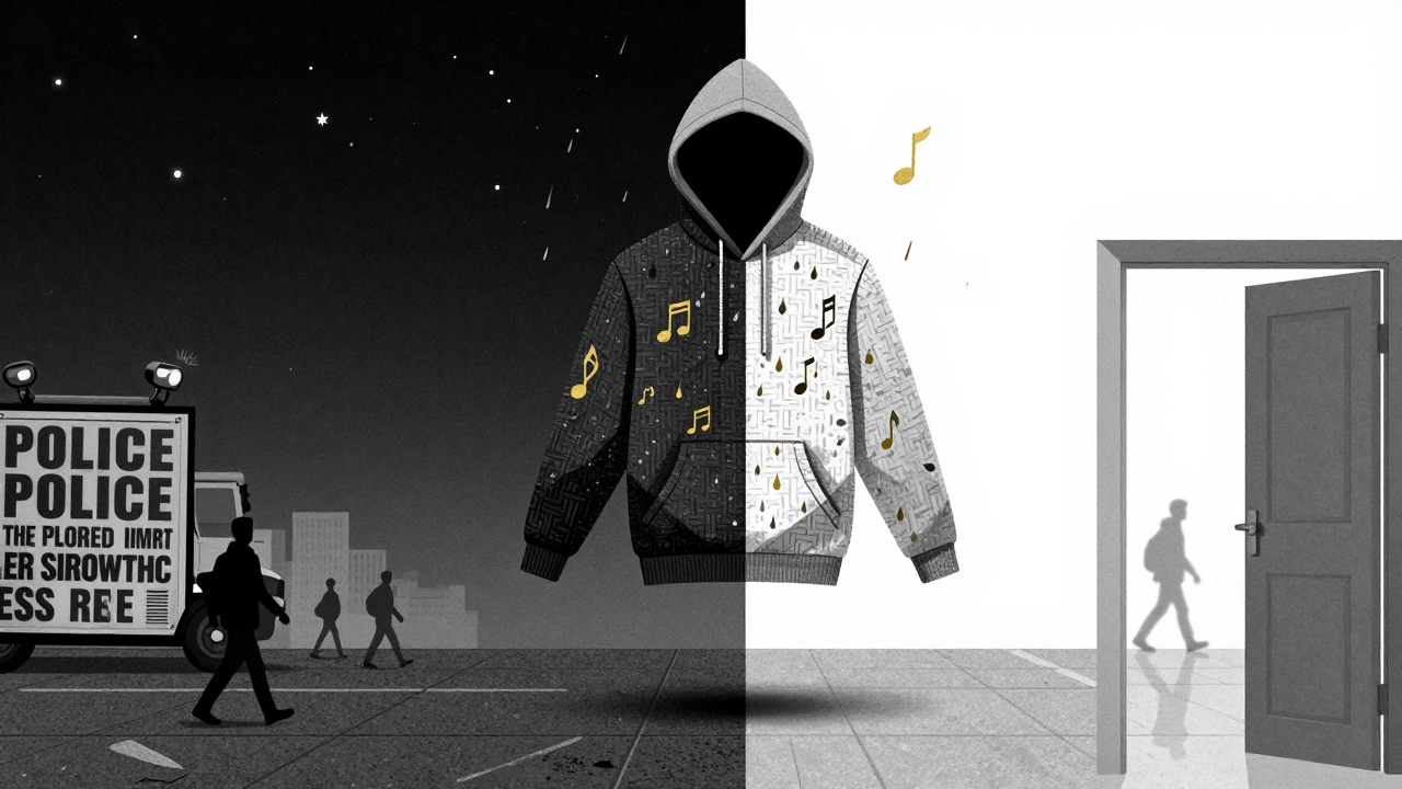 A floating hoodie transforms into a symbolic shield of urban textures, with contrasting dark and light backgrounds.