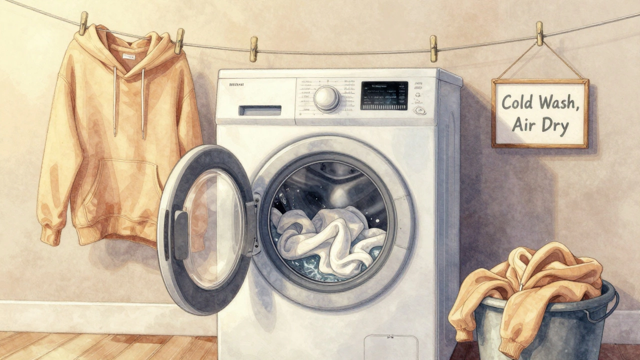 A hoodie washing in cold water with another drying on a line, symbolizing proper care.