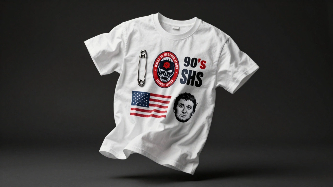 A white tee floating in air, its fabric transformed into cultural symbols like punk pins and band logos.