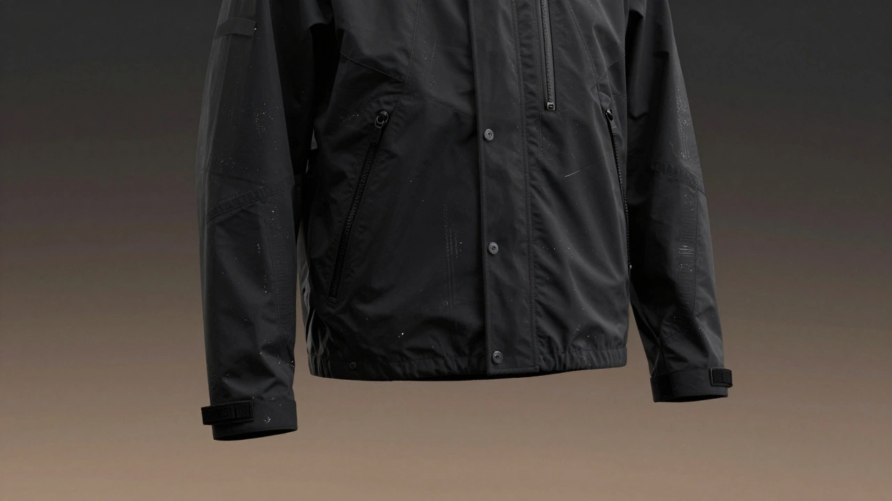 Close-up of a high-tech jacket with hidden zippers and magnetic closures floating in dark tones.