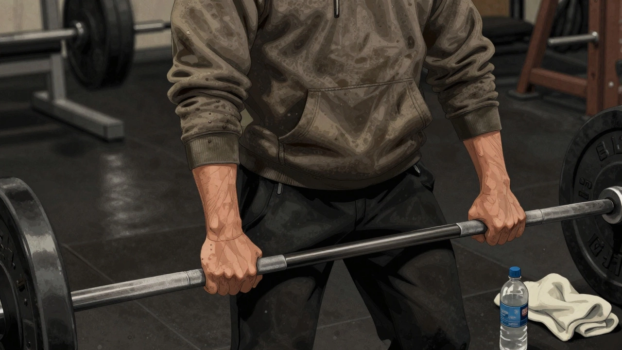 Close-up of arms in a worn hoodie gripping a steel barbell during a deadlift setup.