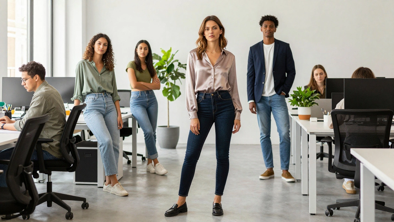 Diverse professionals wearing modern skinny jeans in a bright office setting.