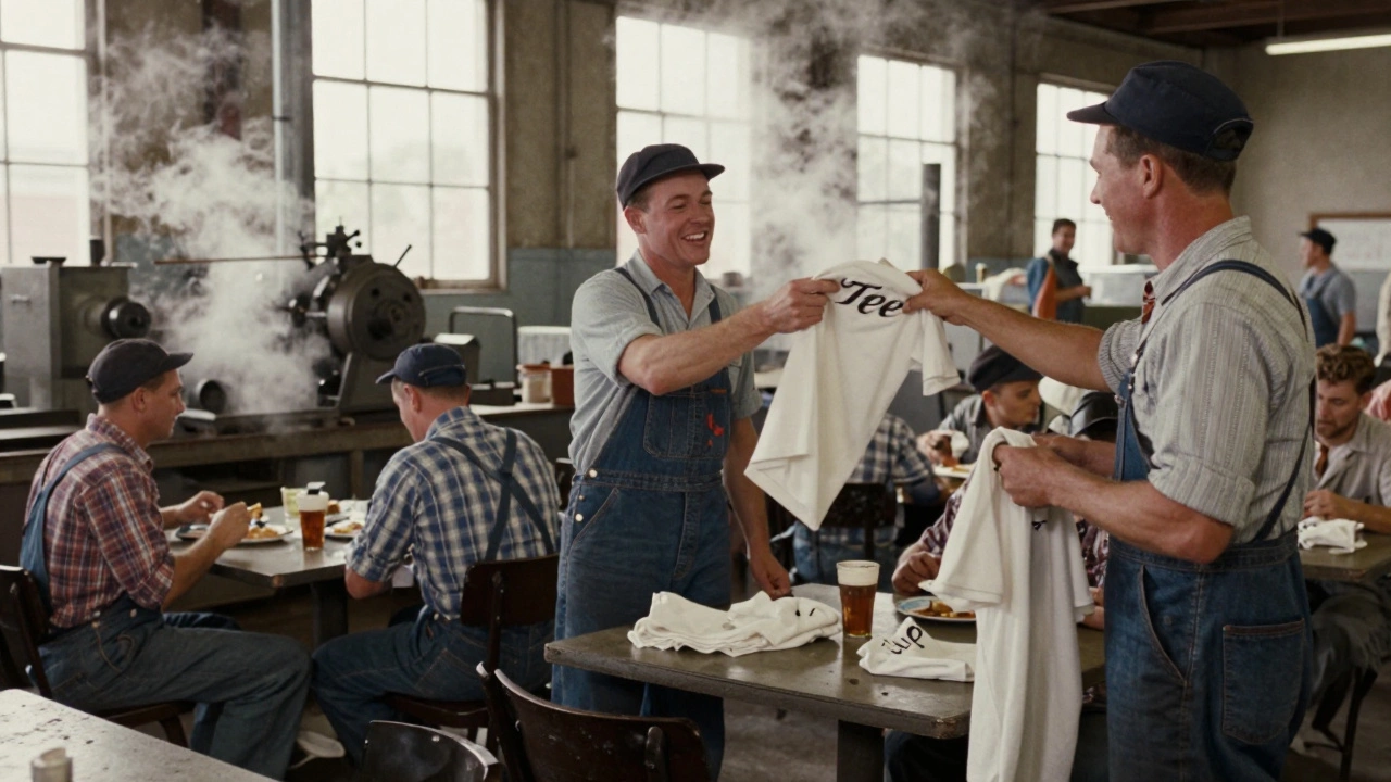 Factory workers in 1950s America handing out clean white tees during a lunch break.