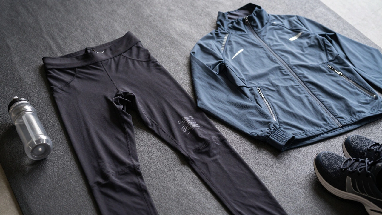 High-performance athletic clothing laid out with visible technical fabric details.