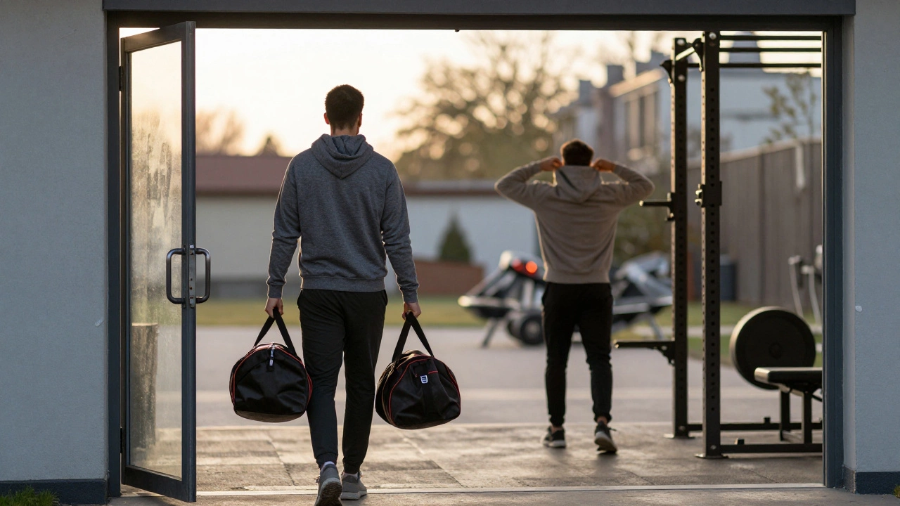 Man entering gym in hoodie while another removes it at squat rack, symbolizing workout ritual.