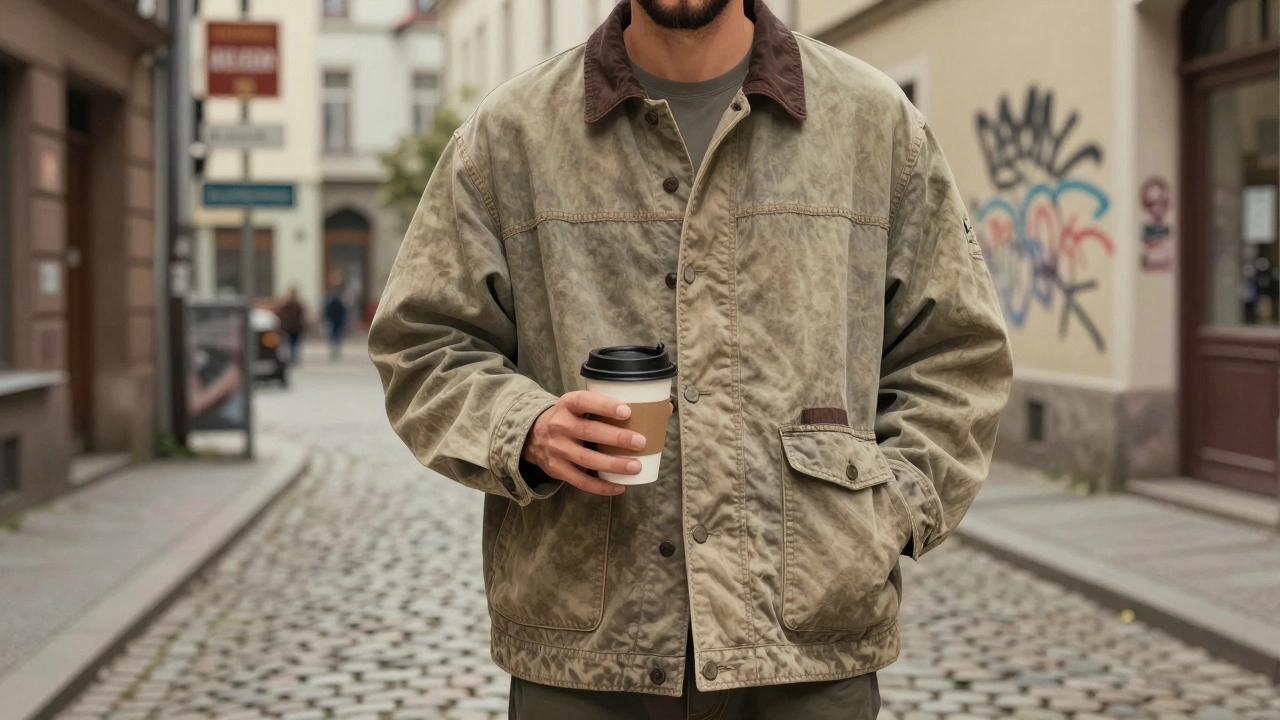 Man in a washed cotton barn jacket standing in a cobblestone alley with coffee cup.