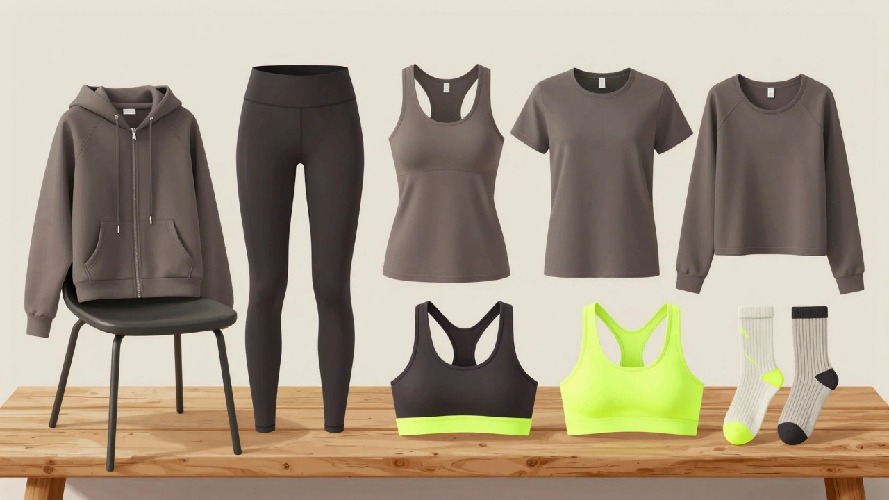 Neatly arranged activewear wardrobe with leggings, tops, sports bras, and socks on a wooden bench.