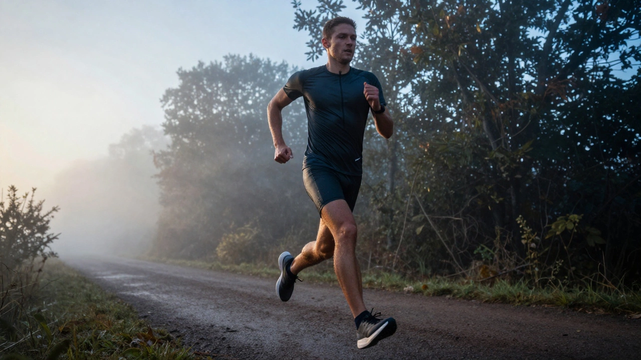 Runner in technical sportswear sprinting on a misty trail at dawn.