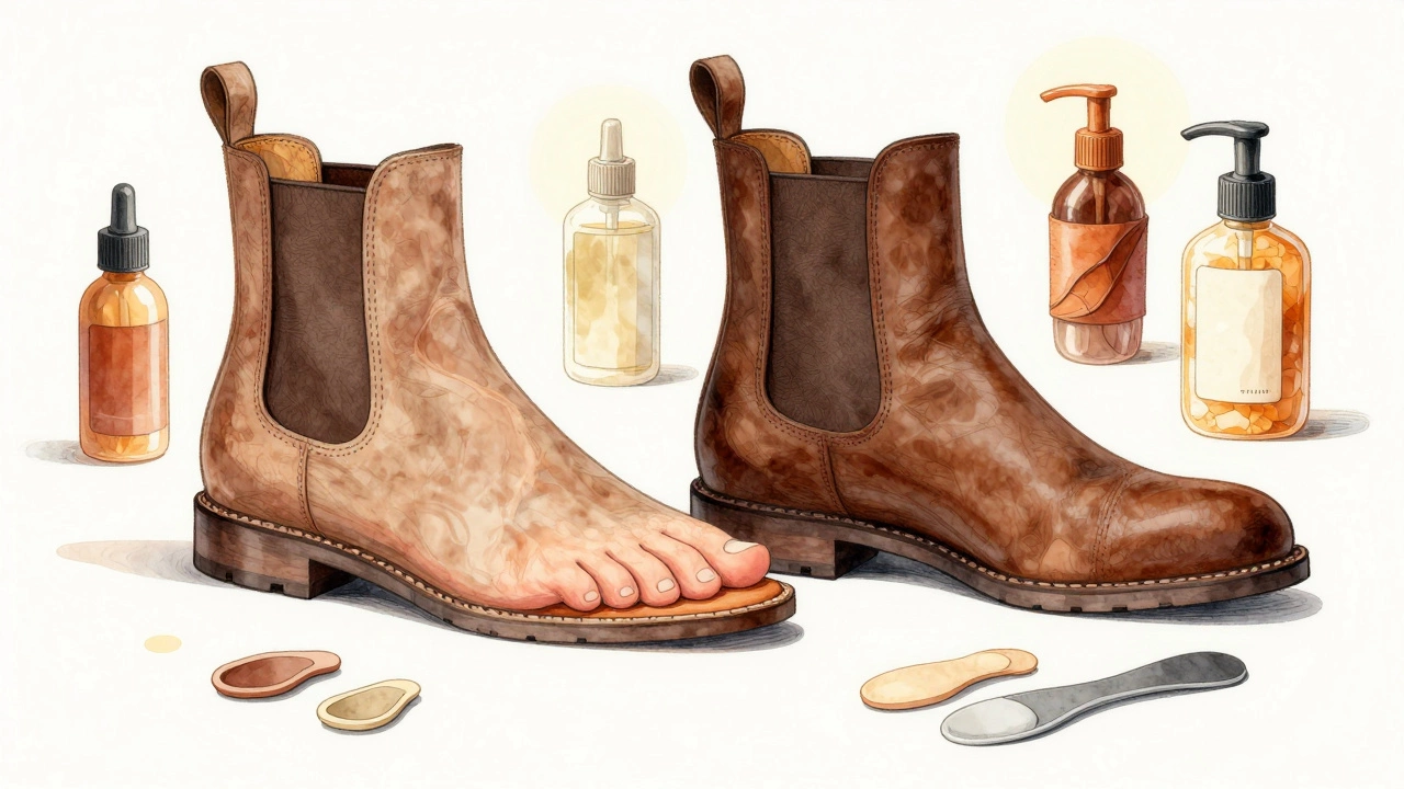 Split illustration showing flat insole vs. cushioned orthotic supporting the arch inside a Chelsea boot.