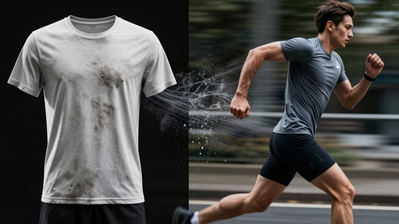 Split-screen comparison: wet cotton shirt vs. dry performance top during movement.