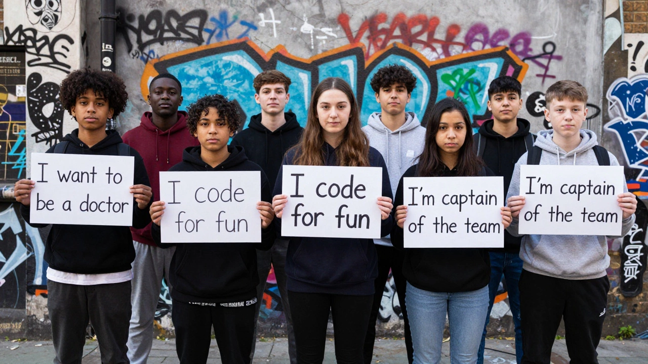 Teens in hoodies hold signs with their dreams against a colorful graffiti wall in a London alley.