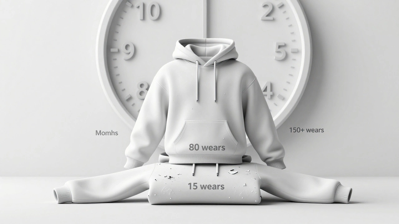 Three hoodies stacked by lifespan, from cheap to premium, with time progression behind.