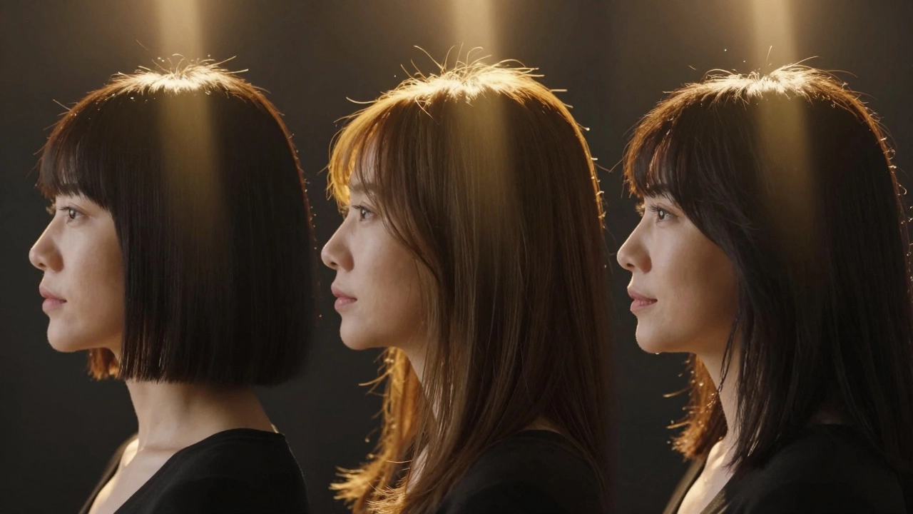 Three silhouettes of a woman’s face with different haircuts, golden light rising from each hairstyle.