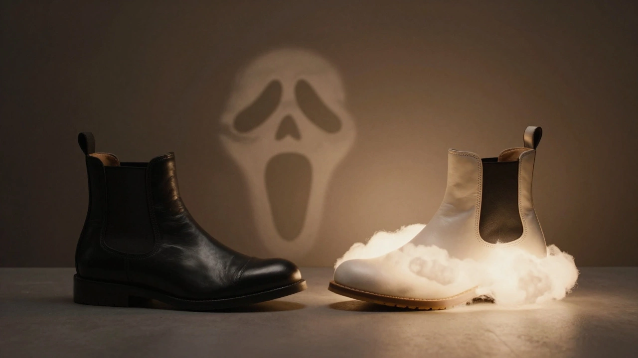 Two Chelsea boots side by side: one constricting and harsh, the other comfortable and glowing softly.