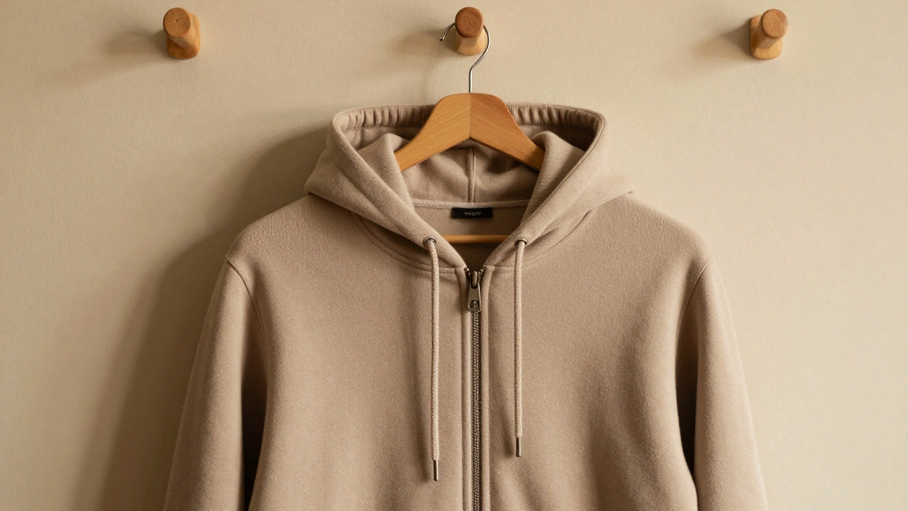 A hoodie hanging with perfectly shaped hood, reinforced drawstring channel, and metal zipper.