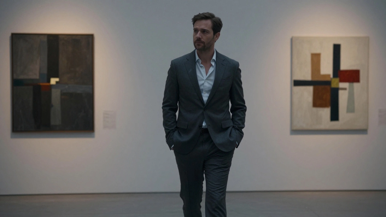 A man in a charcoal suit walking through an art gallery, shirt open at the collar, exuding quiet sophistication.