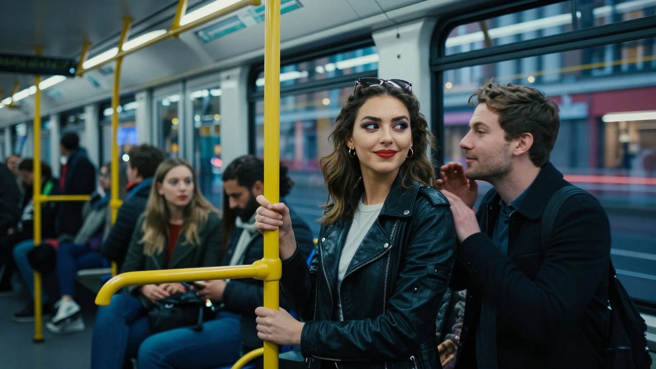 A striking woman on a Dublin tram, catching the gaze of passengers with bold style and playful confidence under city lights.