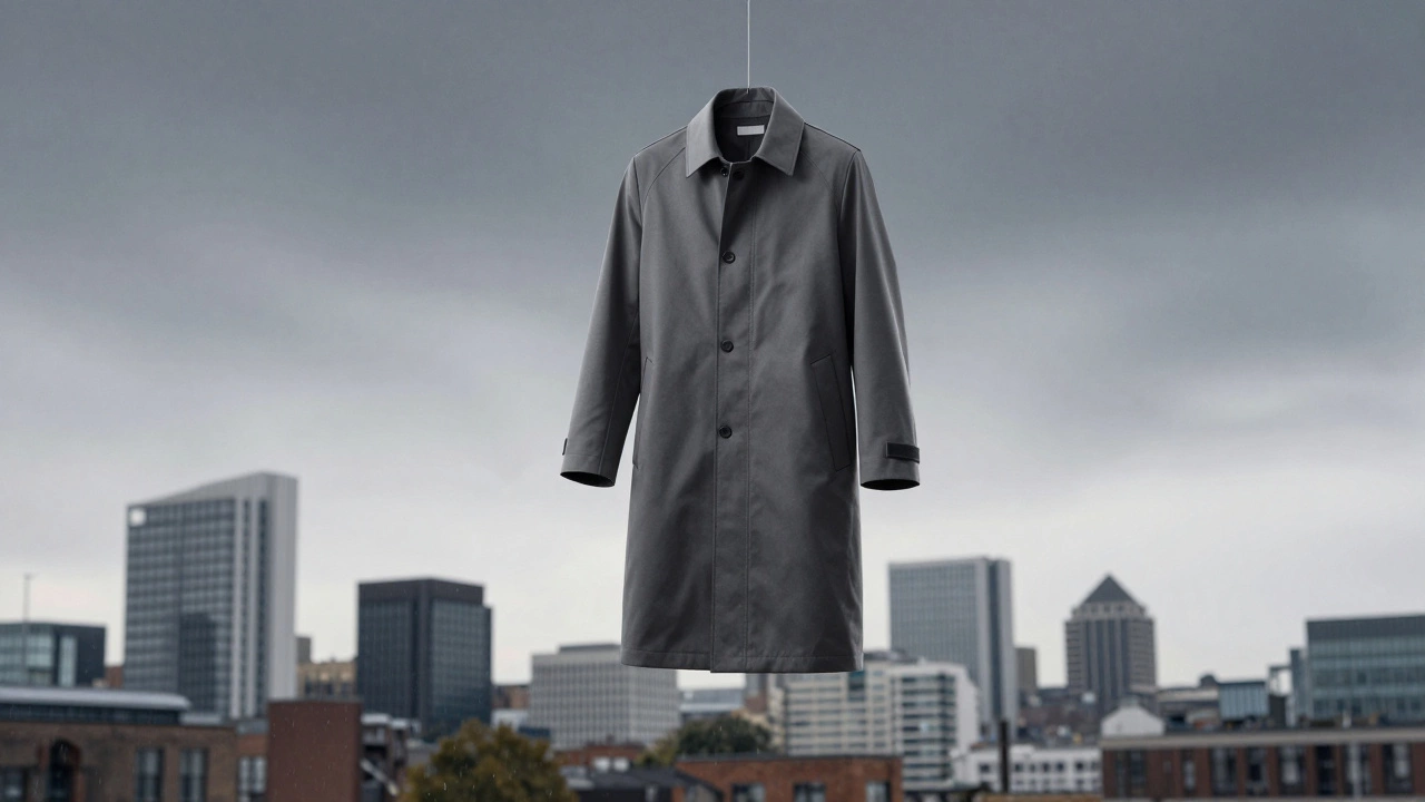 A technical slate-gray longline coat floating mid-air against a blurred urban skyline with rain and wind effects.